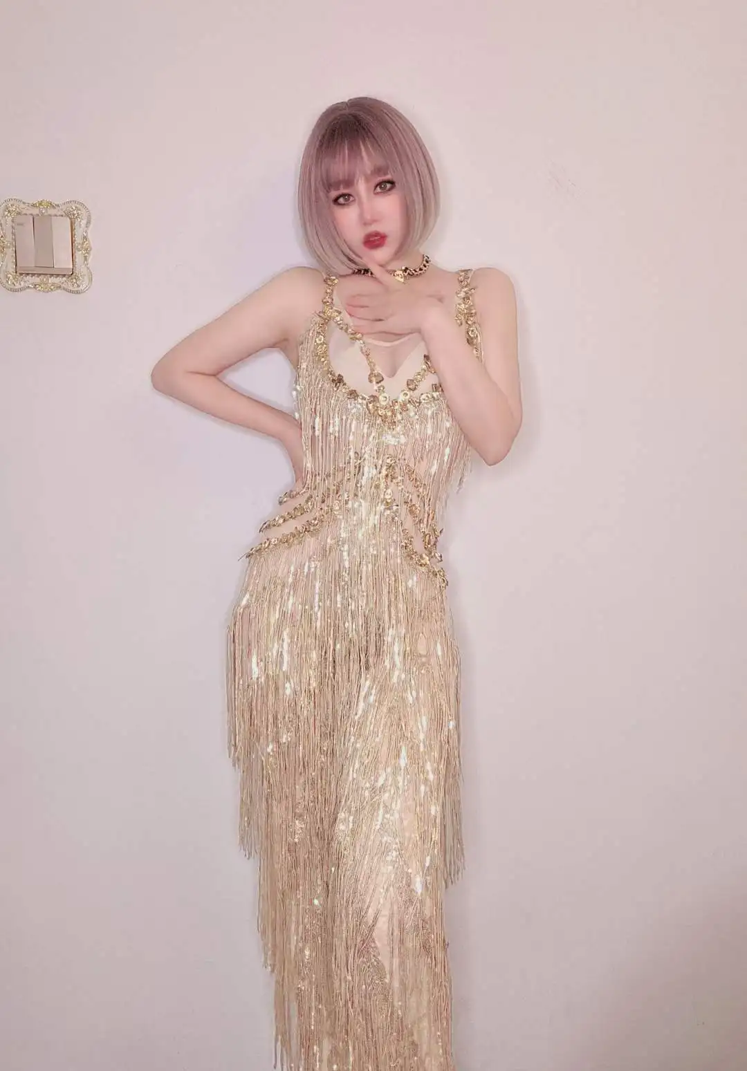 Fringe Gold Women Jumpsuits Glitter Birthday Fashion Show Performance Stage Party Club Festival Outfit Drag Queen Wear 2023