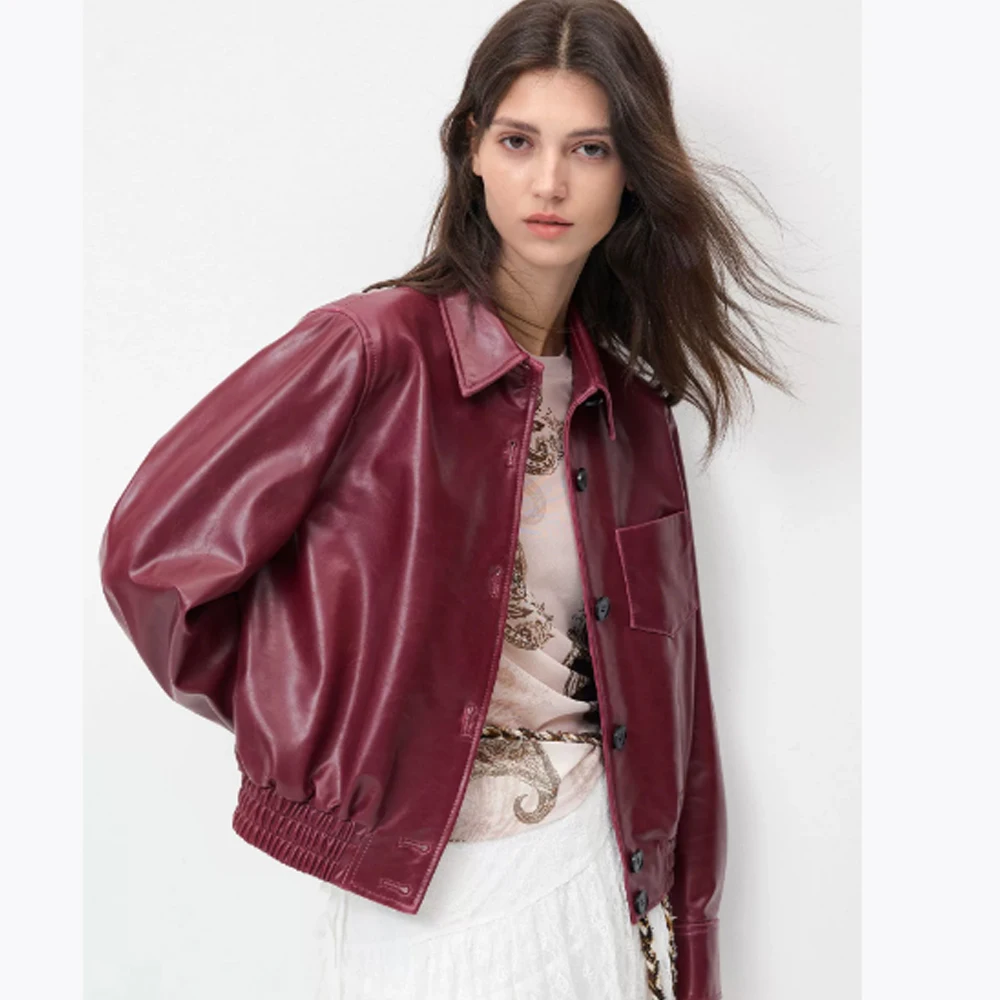 xinglilai Giacca in pelle femminile con risvolto piccolo in pelle di pecora per donna stile corto nuovo cappotto in vera pelle inverno autunno vino rosso cappotto