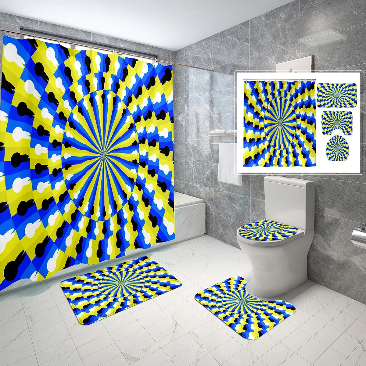 Psychedelic Optical Illusion Shower Curtain 4 Piece Set with Toilet Lid Cover and Non-slip Bath Mat Geometric Shower Curtain Set