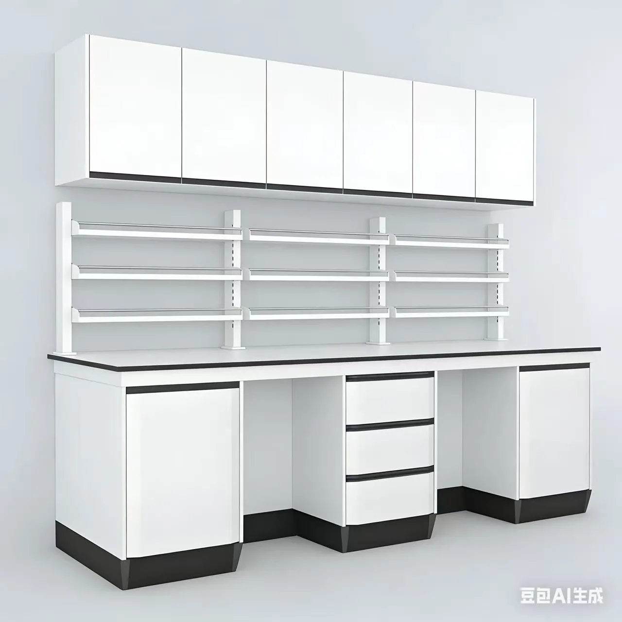Wall-mounted School Laboratory Workbench, With Reagent Racks And Cabinets Resistant To Acid And Alkali Corrosion.