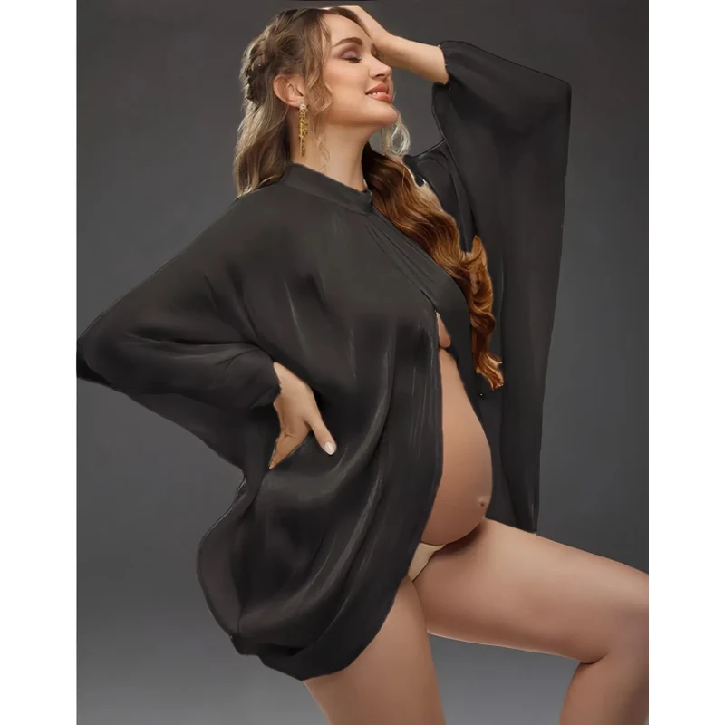 マタニティ-バットウィング-スリーブ-フロント-バック-スリット-写真撮影用ドレス