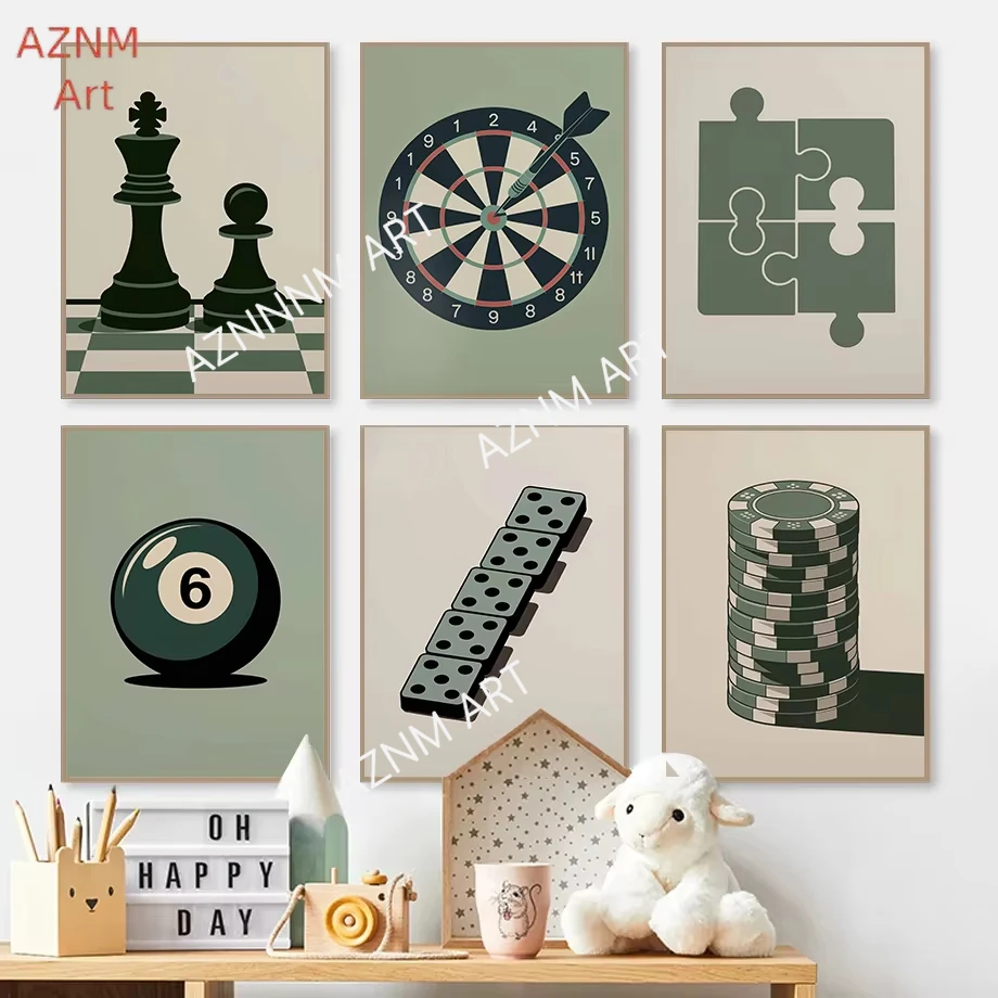 Modern Board Game Puzzle Piece Posters Poker Chips Dartboard Pool Ball Prints Canvas Painting Wall Picture Home Game Room Decor