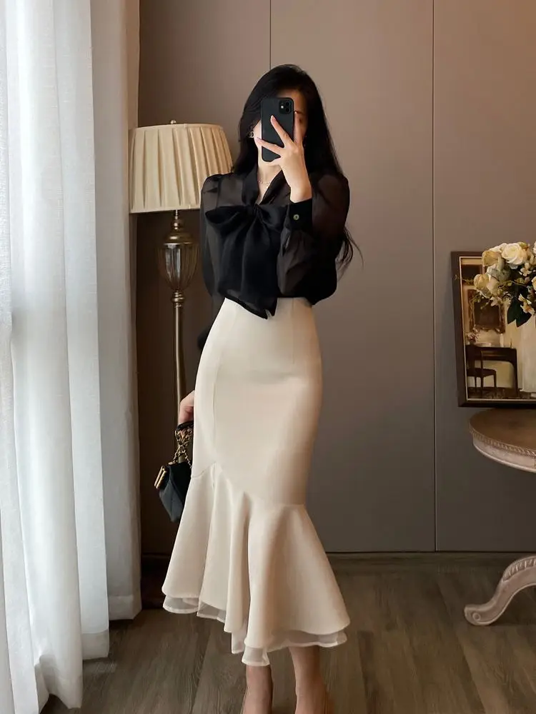 New French Autumn Women's Matching Set Fashion See Through Lace Up Bow Long Sleeve Shirt + Wrapped Hip Mermaid Skirt 2 Piece Set