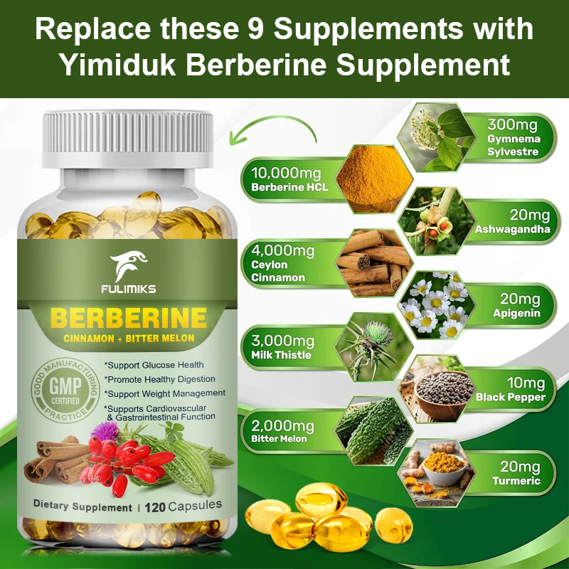 Berberine Capsules Ceylon Cinnamon + Bitter Gourd, Milk Thistle, Supports Immune System & Liver Health Supplement