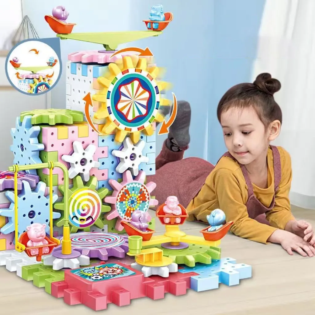 Coche de ferrocarril para niños, conjunto de juguetes de construcción de engranajes eléctricos, engranajes giratorios motorizados, bloques de construcción grandes, juego de juguetes de construcción STEM, regalos