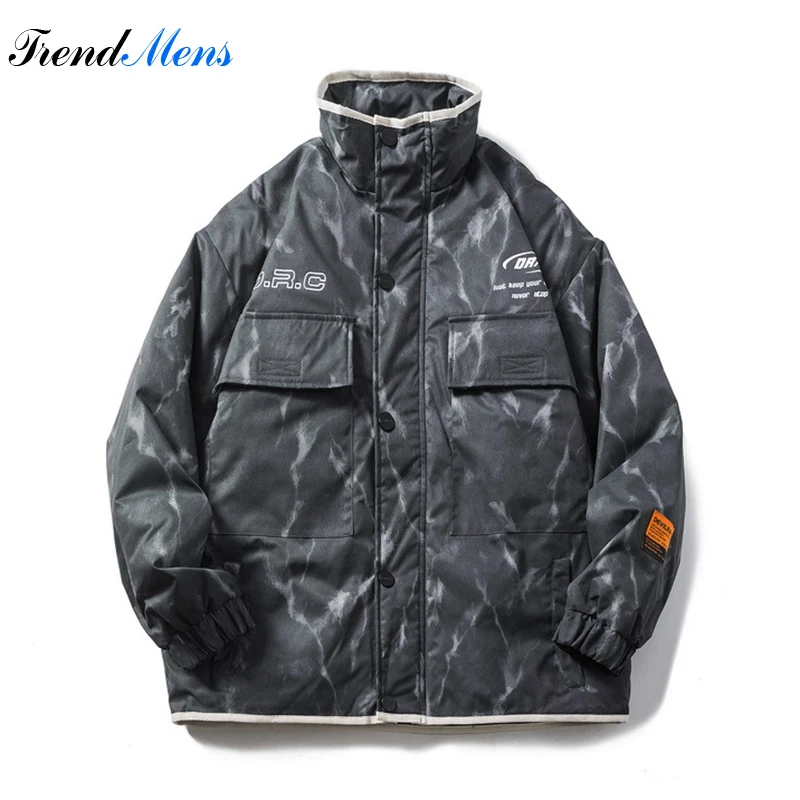 Fashion Popular Stand Collar Dark Lightning Down Jacket Men Winter Casual Harajuku Warm Streetwear Large Pockets Hip Hop Parka