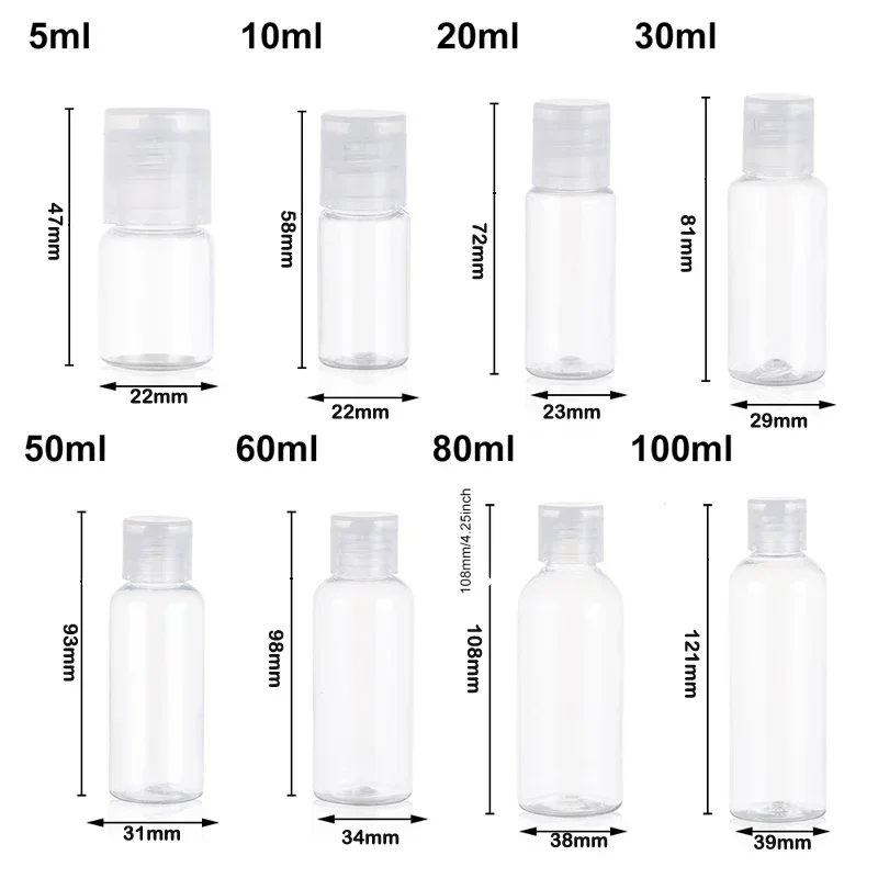 30Pcs Empty 5/10/20/30/50/60/100ml Mini Clear PET Plastic Bottles w/ Flip Caps Travel Container For Shampoo Conditioner Lotion