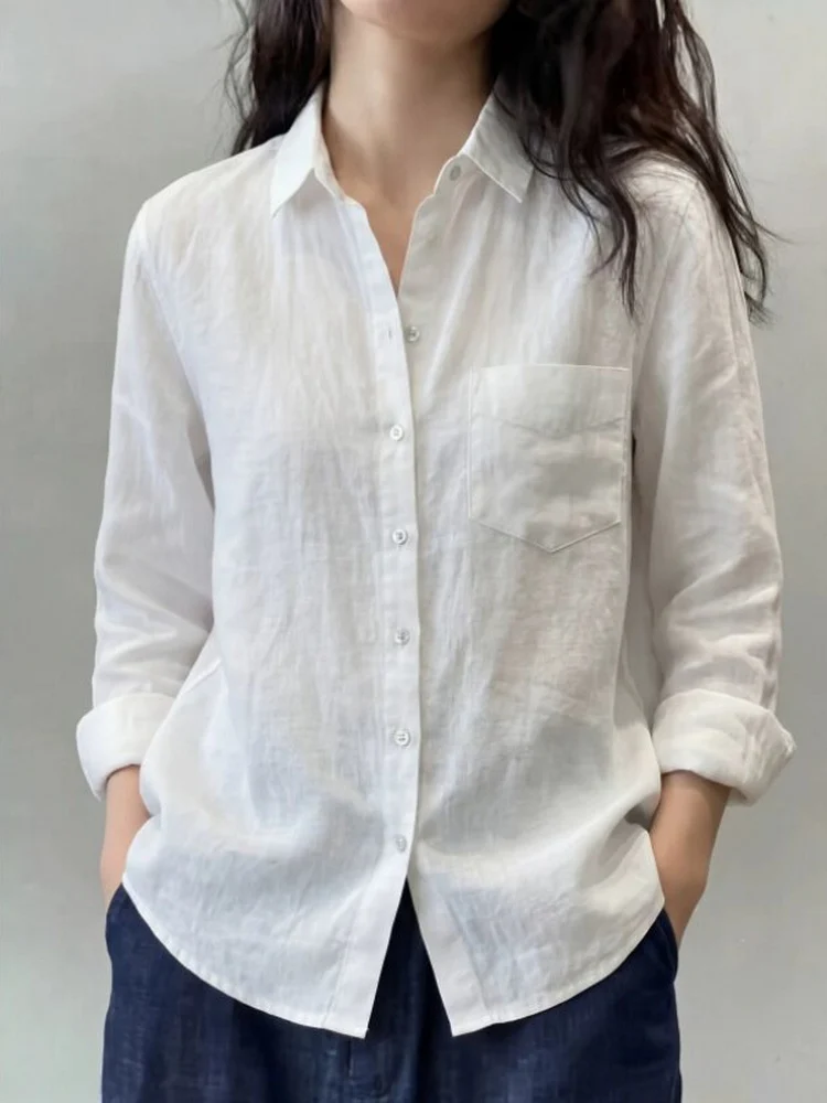 

Spring 2026 Women's White Cotton Linen Shirt Loose Fit Fashionable Casual Style Long Sleeve Button up Top Ageless Elegance