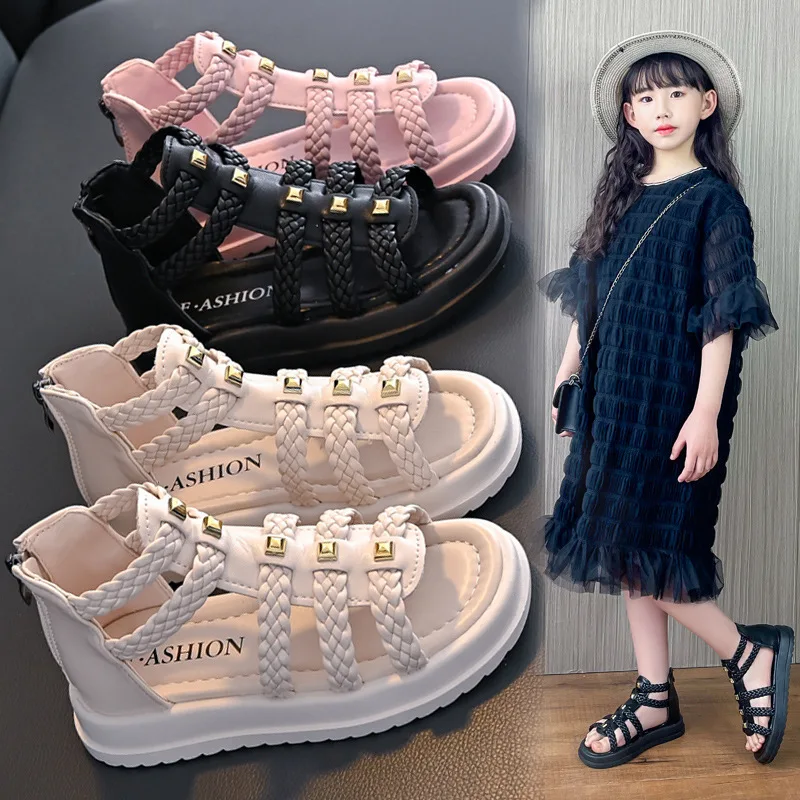 2024 Summer New Girls Fashion Roman Beach Sandals Children PU Soft Non-slip Flat Casual Weave Shoes Kids High-top Princess Shoes