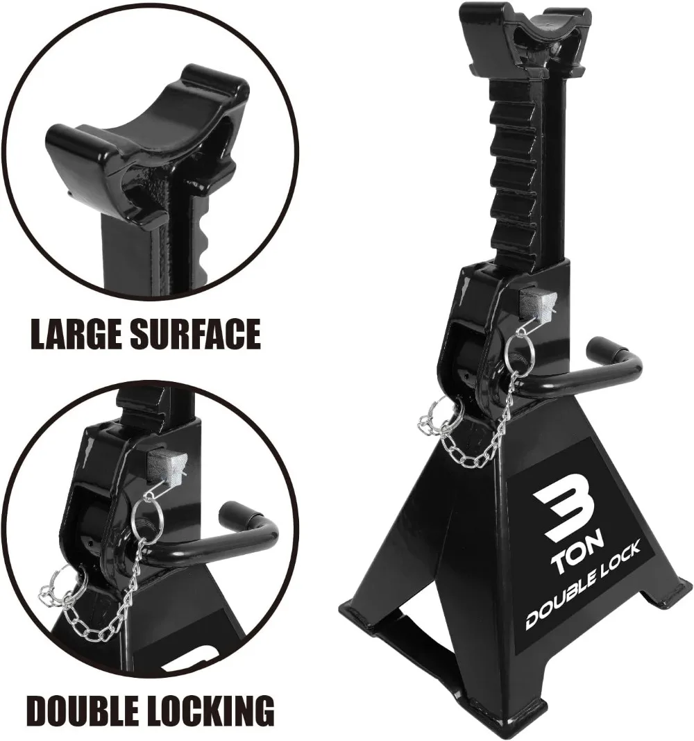 Heavy Duty Steel Jack Stands: Double Locking Pins, 3 Ton (6000 lb) Capacity, Adjustable Height 11-16 inches, Black Pair