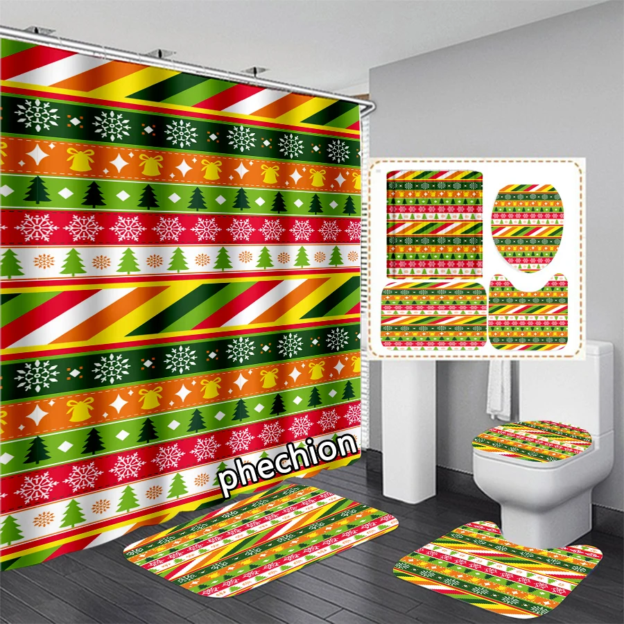 phechion New 3D Print Christmas Pattern Shower Curtain Waterproof Bathroom Curtain Anti-slip Bath Mat Set Toilet Rugs VR238