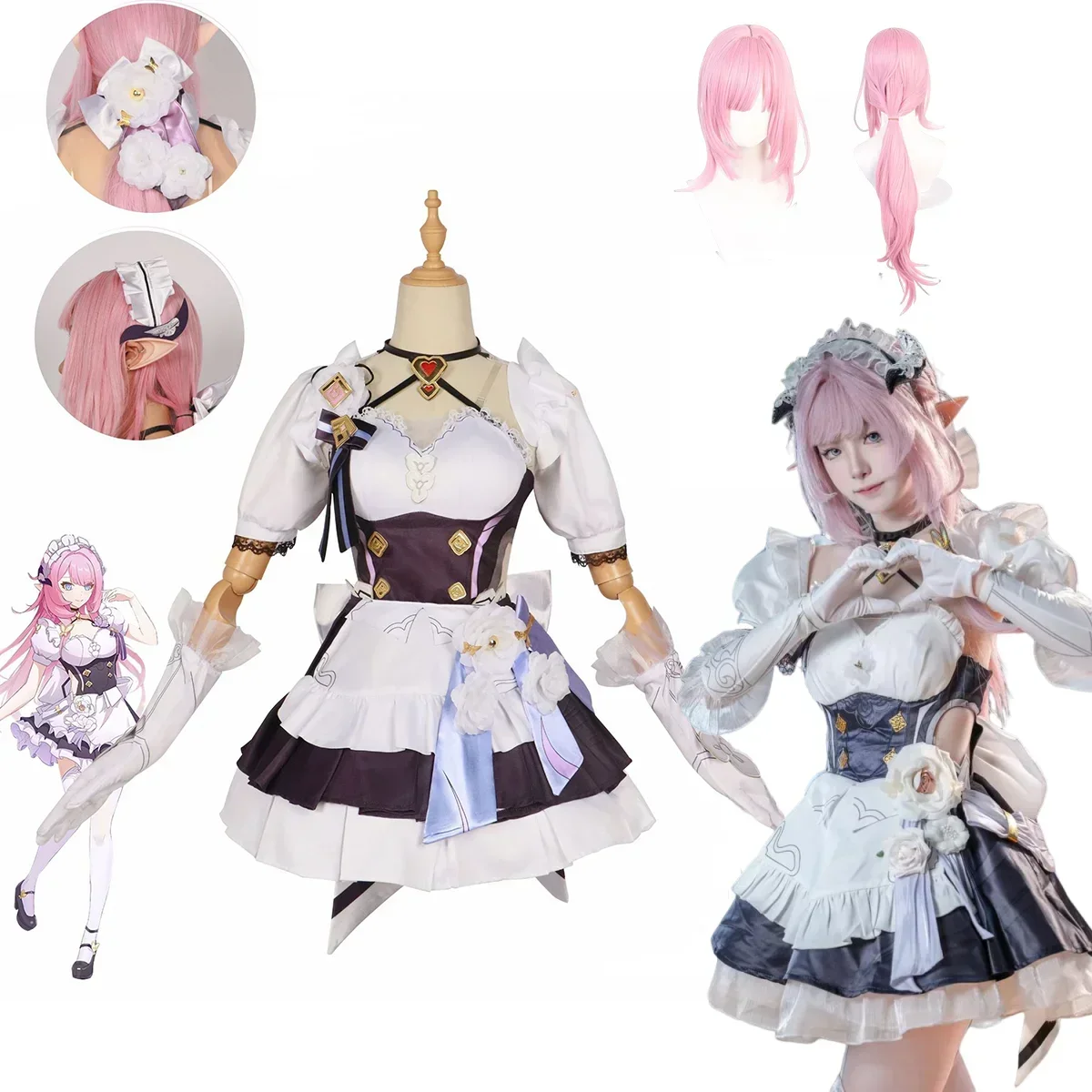 

Honkai Impact 3, костюм горничной Elysia, полный комплект на Хэллоуин с париком, обувь, реквизит, наряд игрового персонажа, в наличии