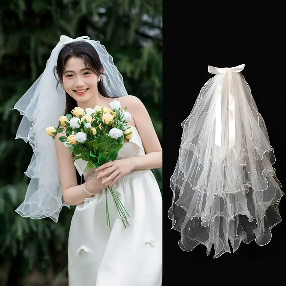 

Elegant Four-layer Bridal Veil Soft Tulle Curled Wedding Veils Pearl Bow Ribbon White Bride Head Gauze Bride Accessories