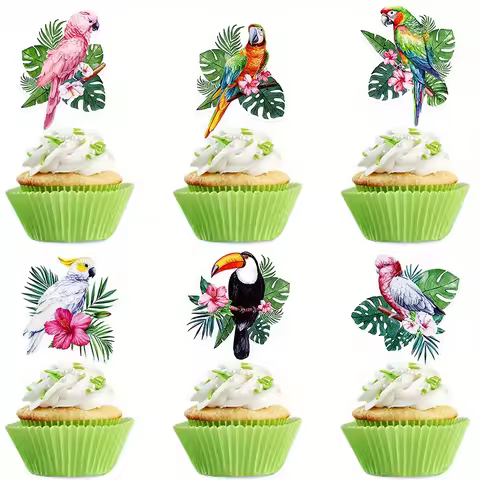 12Pcs Woodland Bird Cupcake Toppers Tropical Leave Cake Picks Jungle Safari Animal Decorations Kids Birthday Baby Shower Party