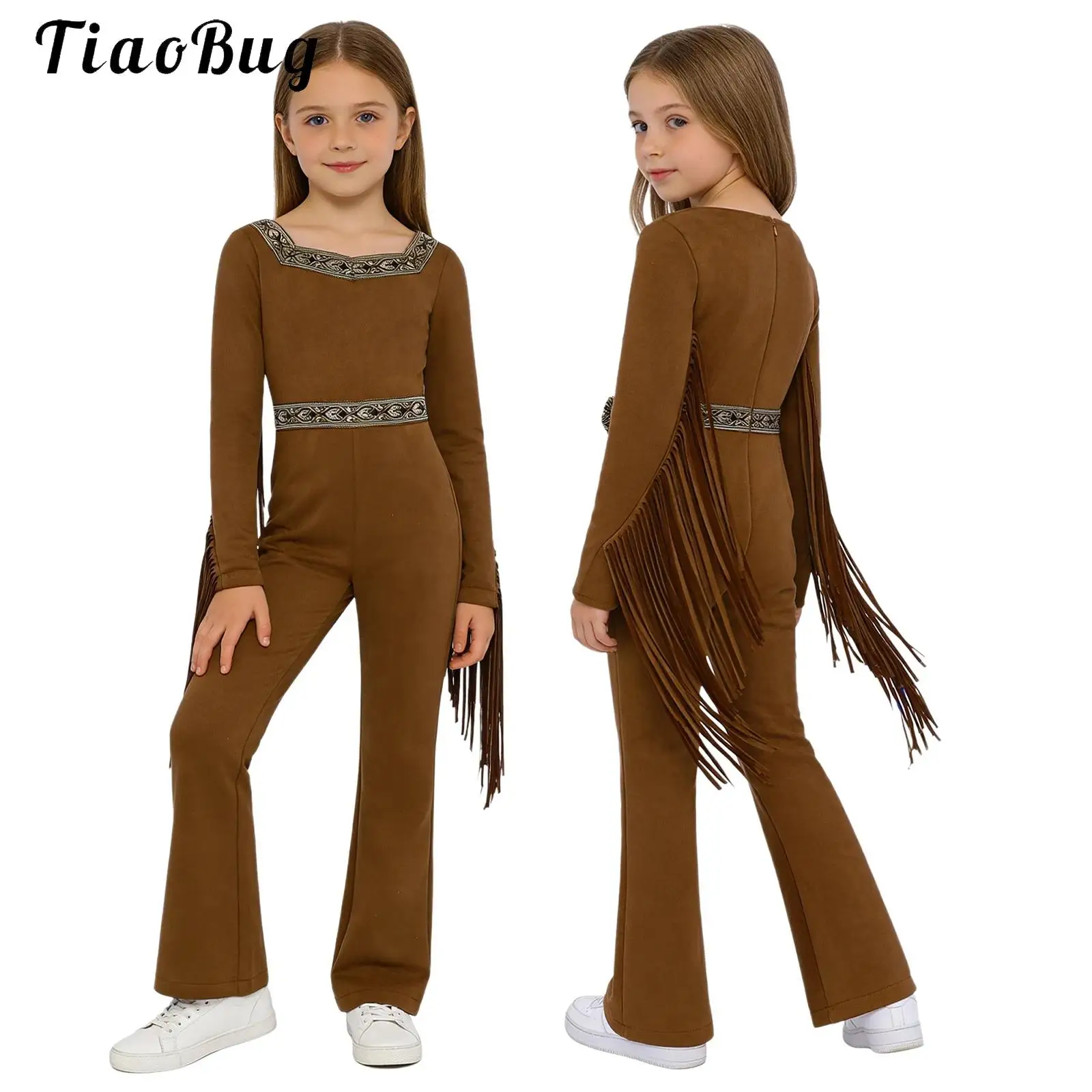 Kids Girls Native Indian Costume Halloween Caveman Savage Outfit Unique Pattern Fringed Long Sleeve Zipper Cowgirl Jumpsuit Wear