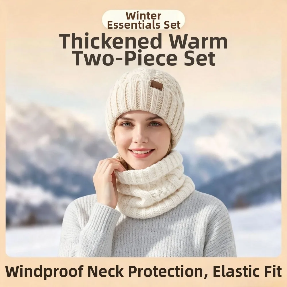2-Piece Set Knit Hat Scarf Set Double Layer Thermal Design Winter Cap Neck Warmer Cable Knit Thick Warm Beanie Hat & Neck Gaiter