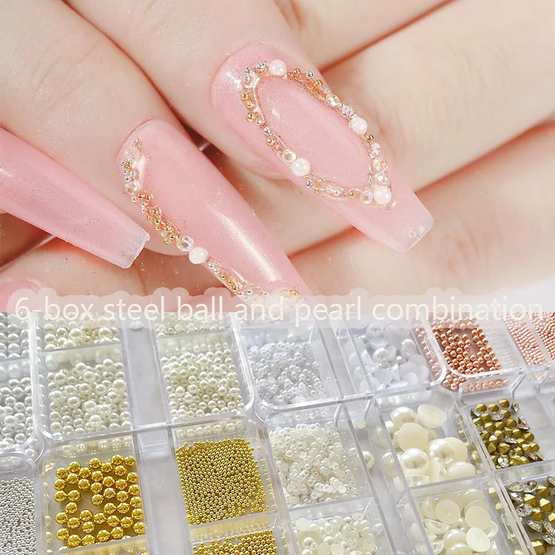 Mini Gold SilverSteel Ball And Resin Pearl Nail Accessories 6 Compartment Box Combo Size 3D Apply To DIY Manicure Ornament