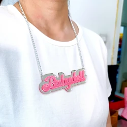 KUGUYS Glitter Pink Babydoll Babygirl Pendant Necklace for Women Letters Mirror Silver Color Acrylic Fashion Jewelry