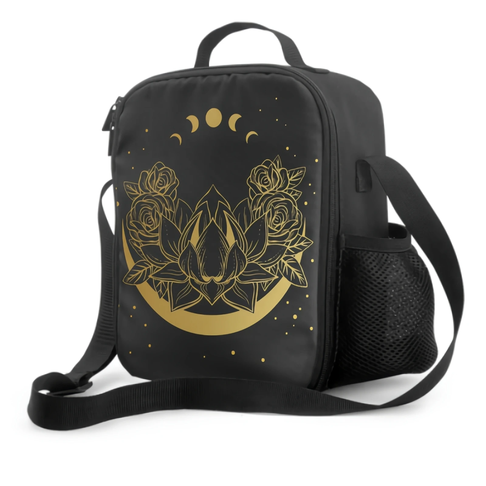 Golden Lotus Flower Insulating Thermal Lunch Bags for Kids Boys Girls Washable Tote Crossbody Lunch Container for School Travel