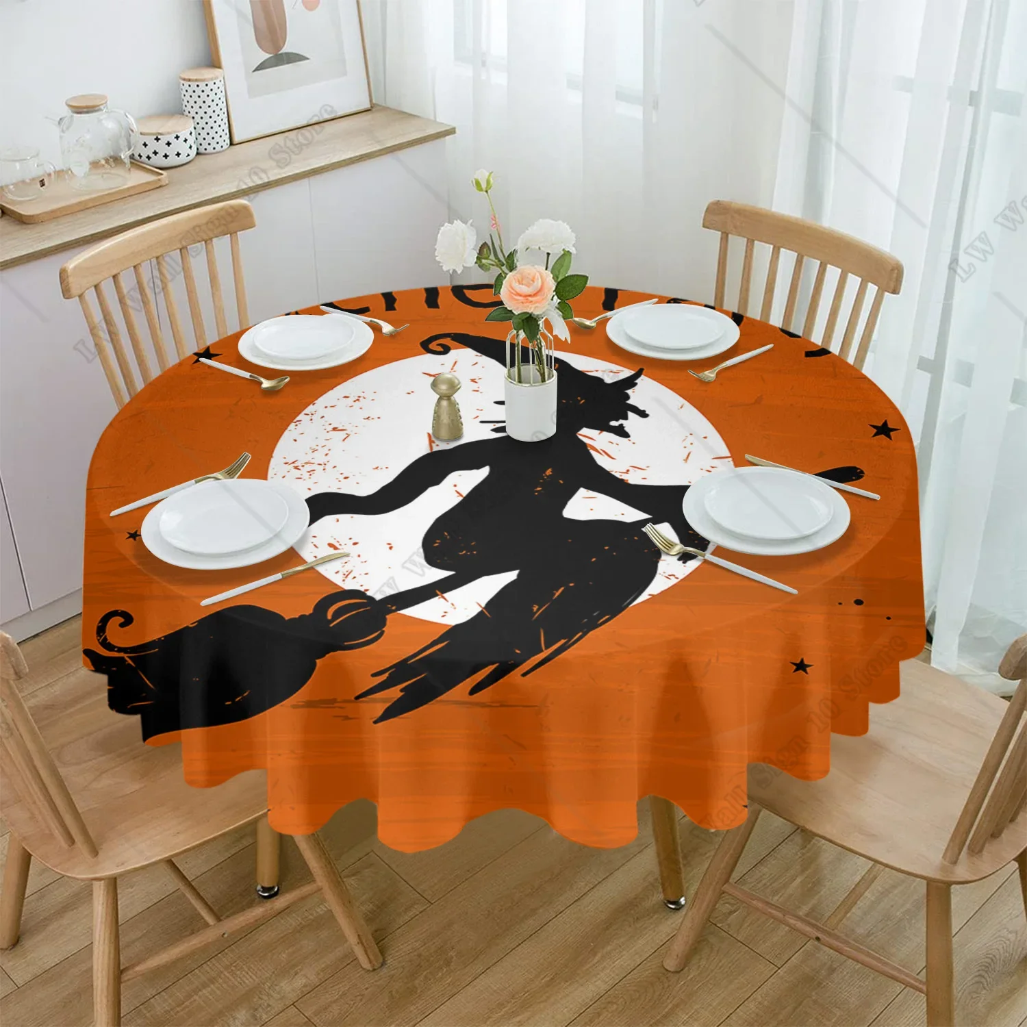 

Witch Halloween Broom Full Moon Web Waterproof Tablecloth Table Decoration Wedding Home Kitchen Dining Room Round Table