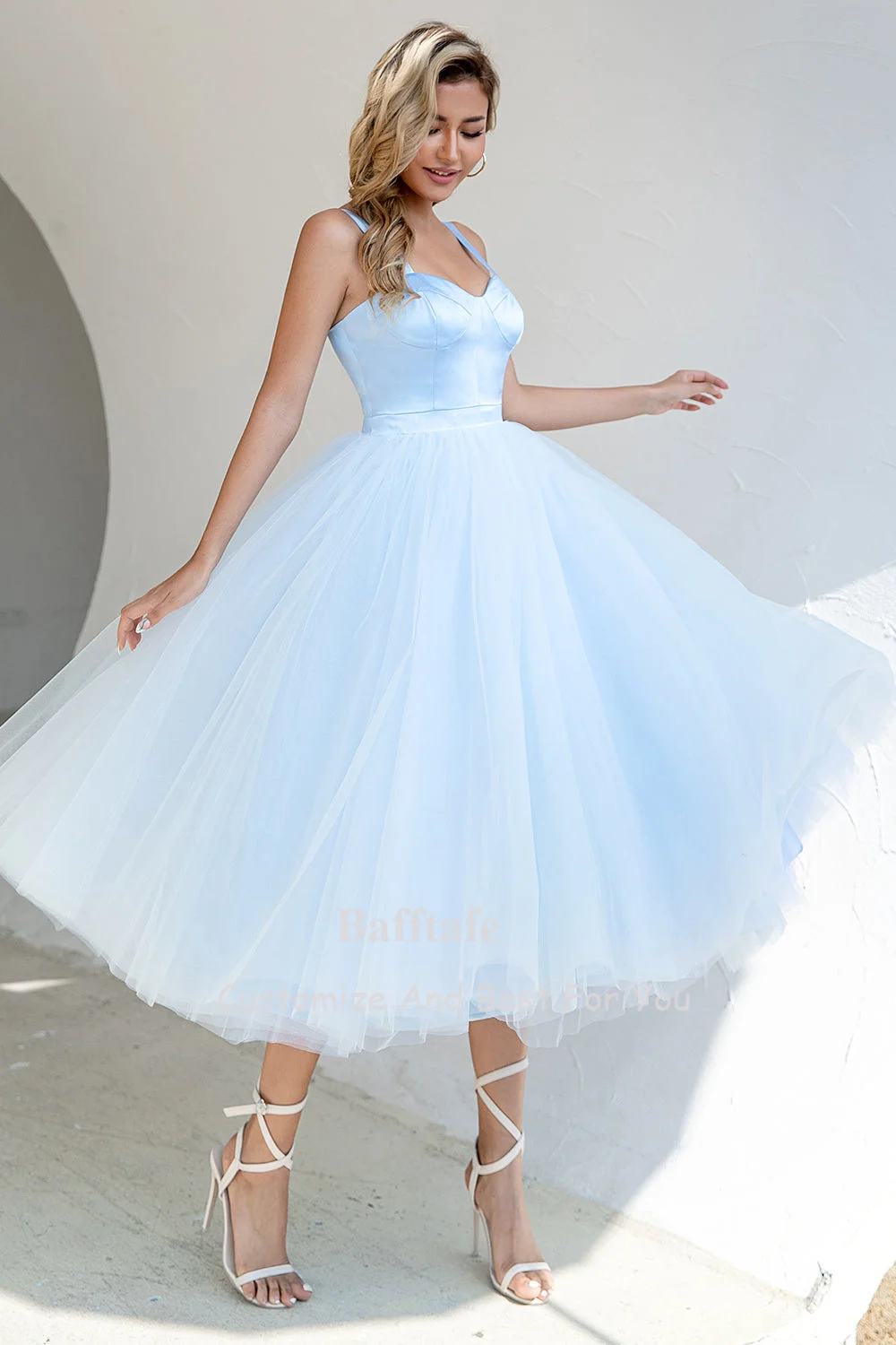 Bafftafe Simple Light Blue Tulle Women Formal Party Dresses Corset Back Tea-Length Homecoming Gowns Customized Bridesmaid Dress