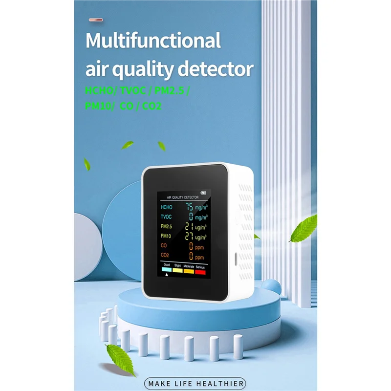 

3X6 в 1 PM2.5 PM10 HCHO TVOC CO CO2 Детектор качества воздуха CO CO2 Монитор формальдегида Офисный тестер качества воздуха, черный-BTFL