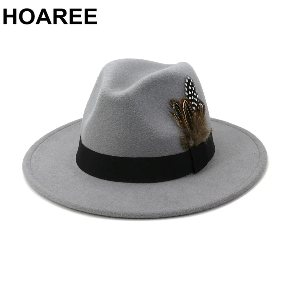 HOAREE Royal Blue Vintage Trilby Felt Fedora Hat with Feather Belt Women Men Church Hats Wide Brim Male Female Autumn Jazz Caps