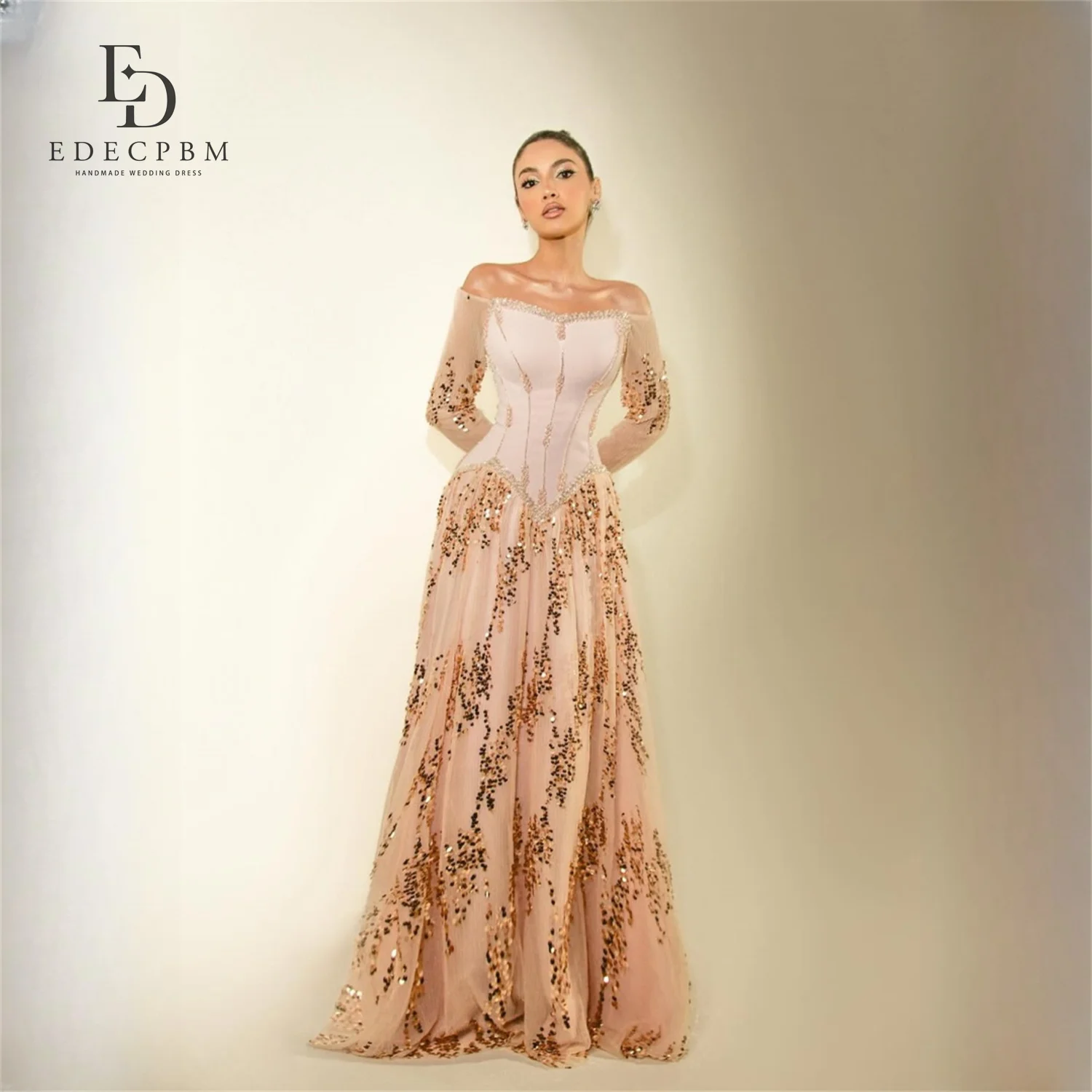

EDECPBM Sequin Off The Shoulder Champagne A-Line Evening Dress 2026 Prom Dress Sleeve Beading Formal Evening Gown Customized