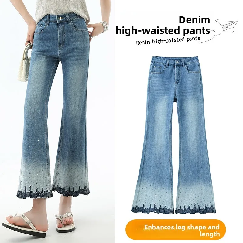 

3D Embroidery Bell Bottom Wide Leg Jeans Women's Summer New Style Small Size Nine Points Floral Lace Trim High Waist Long Pants