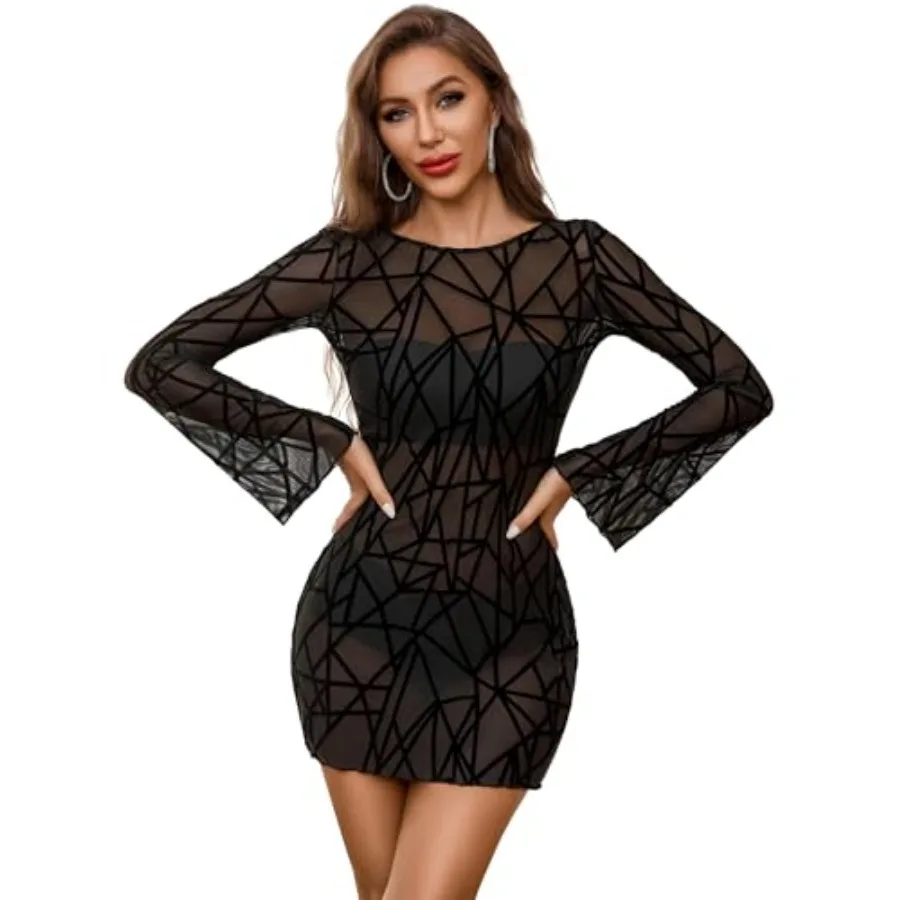 

Avidlove Women's Mesh Dress Backless Bell Sleeve Party Clubwear Mini Bodycon Dresses