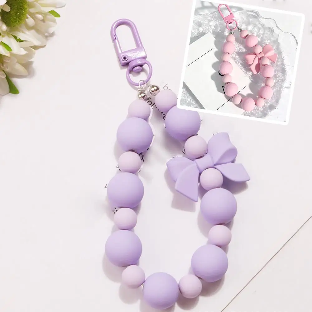 Pink Pearl Bow Keychain, Mobile Phone Chain, Earphone Bag, Backpack Rope, Car Pendant Pendant, Access Keychain, Anti-lost B E1f2