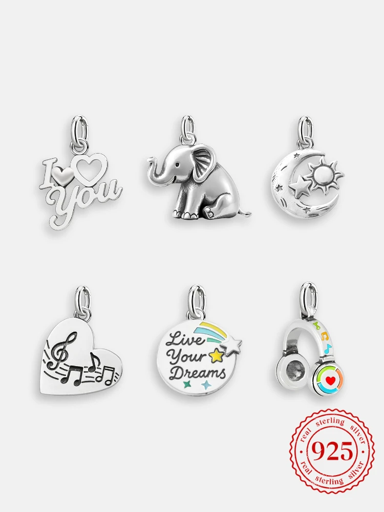 Adjustable 925 Sterling Silver  Vintage Pendants Notes Earphone Charms Beads Fit Original Bracelet Bangles Necklace DIY Jewelry