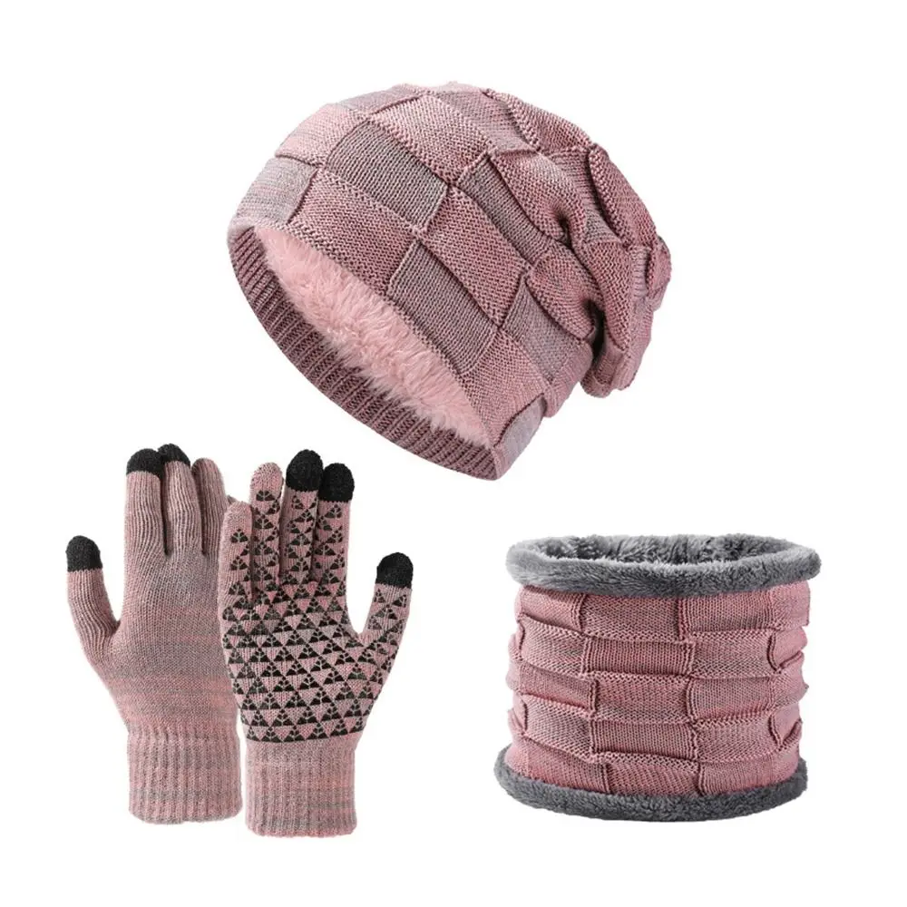 3Pcs/Set Warm Winter Hat Scarf Gloves Set Lining Windproof Scarf Neck Warmer Suit Thicken Soft Touchscreen Gloves for Men Women