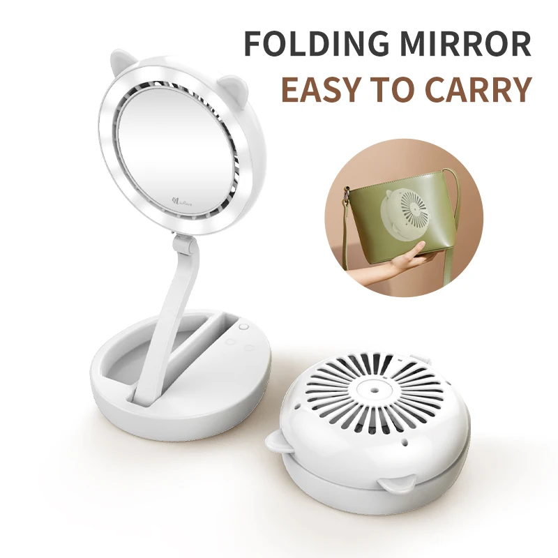 Desktop Fan with LED Light Mirror for Quick Makeup and Hydration While Applying Makeup and Blowing Air Makeup Vanity Mirror