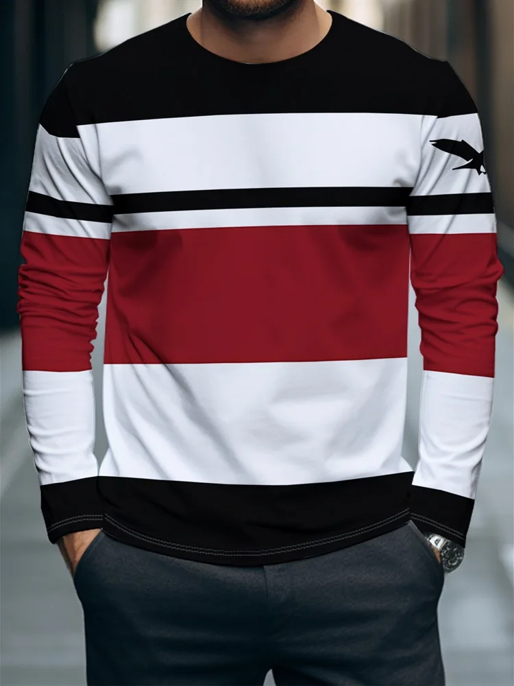 Men's Black White Red Striped Long Sleeve T-Shirt Color Block Bird Print Pullover Tops Gift New 2026 Streetwear Casual Hot