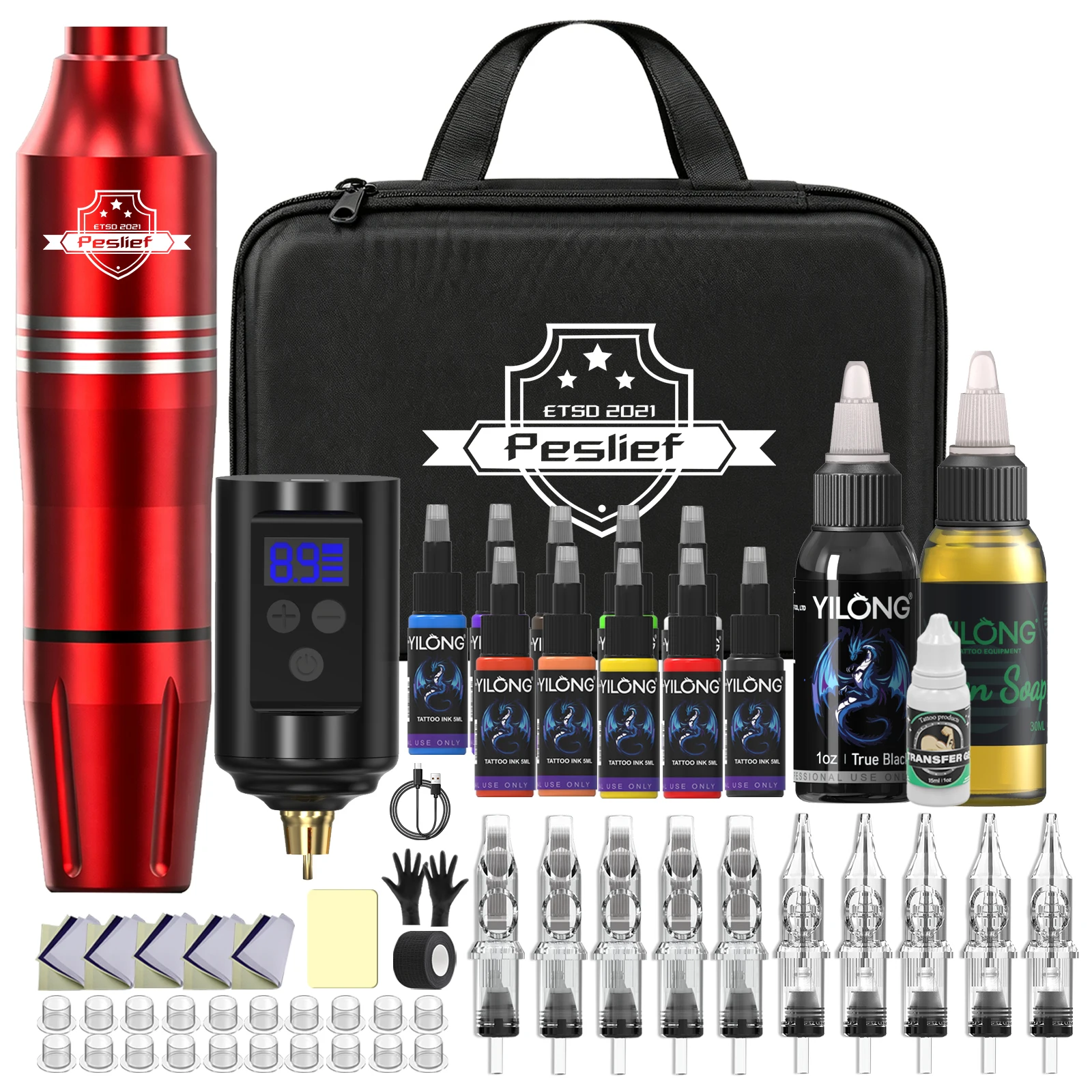 YILONG Wireless Tattoo Pen Kit for Beginners Complete Set with LED Display Power Supply Ink Cartridges Needles Accessories