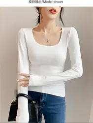 Bottom coat women wear U-neck long sleeve T-shirt slim knit white top