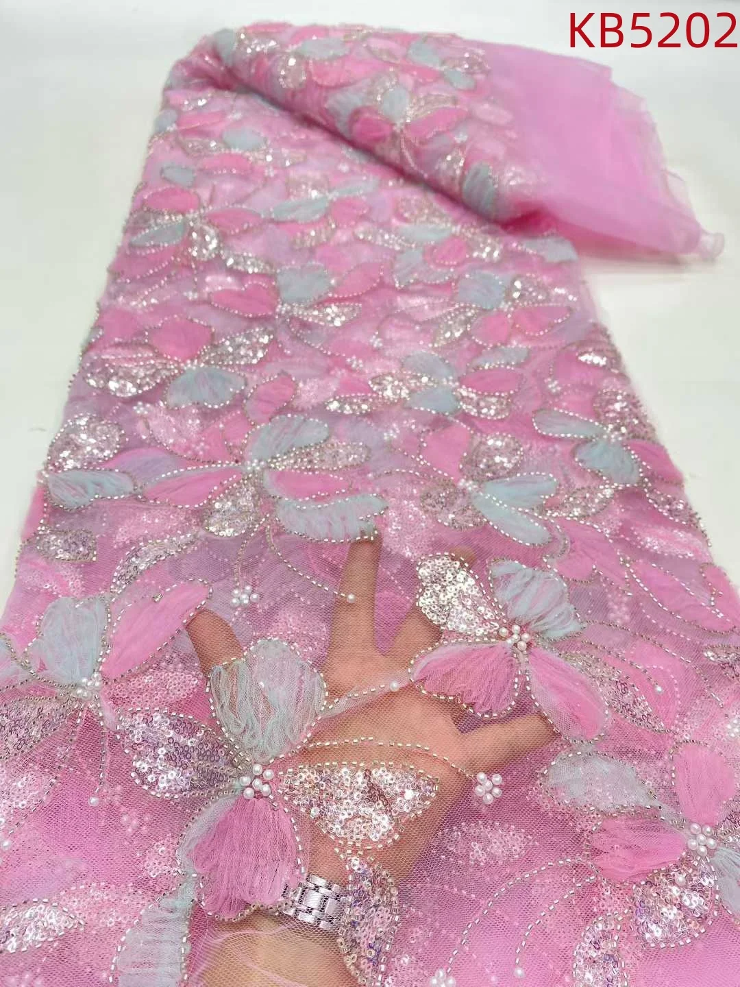 

African Fabric Lace High Quality 2025 Pink Beaded French Mesh Embroidery Nigerian Green Tulle Lae Sequins For Sewing KB5202
