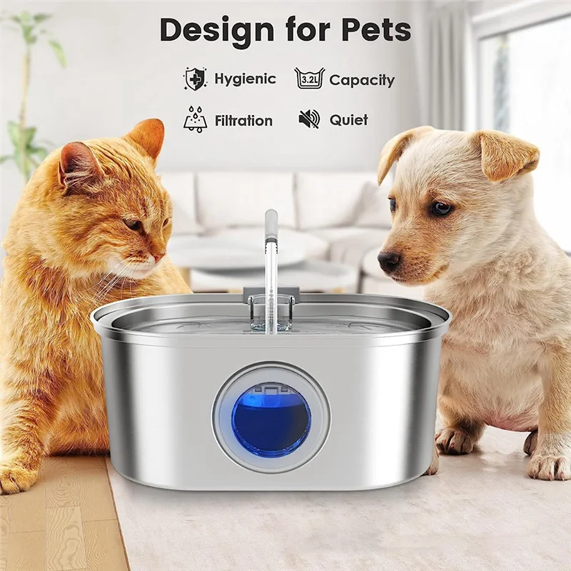 

Pet Water Fountain Water Fountain Stainless Steel With Transparent Window Ultra Quiet Pet Water Feeder Easy To Use (US Plug)-AT3