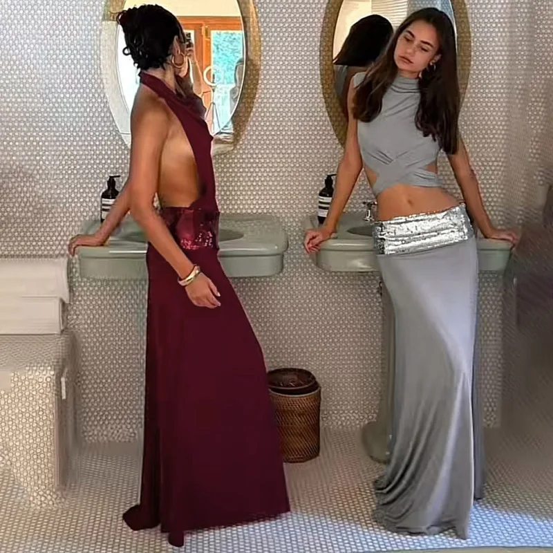 

Y2K Sexy 2 Piece Set For Women Backless Bandage Top With Sequined Waist Long Skirt Elegant Matching Outfits For Party Night Look