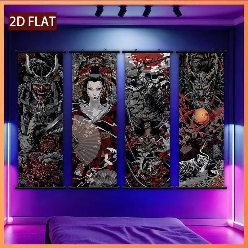 VIKAMA Japanese Samurai Scroll Wall Hanging Geisha Dragon Art For Bedroom Living Room Dark Red Black Background Home Decor