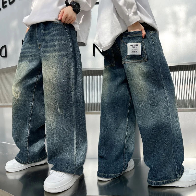 

New Autumn Children Casual Jeans for Big Boy Fashion Vintage Jeans Trousers Cotton Sweatpants Teenager Kids Denim Pants Age 4-14