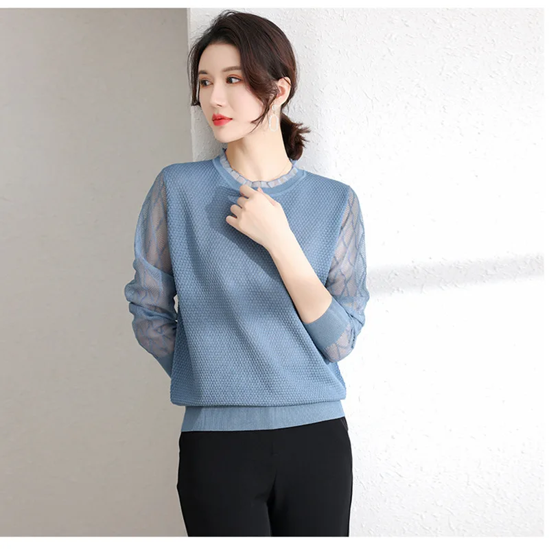Women's Spring Autumn Graceful Lace Patchwork Knit Pullovers Lady Bule Knitted Bottoming Shirts Daily Joker Sweater Tops Female
