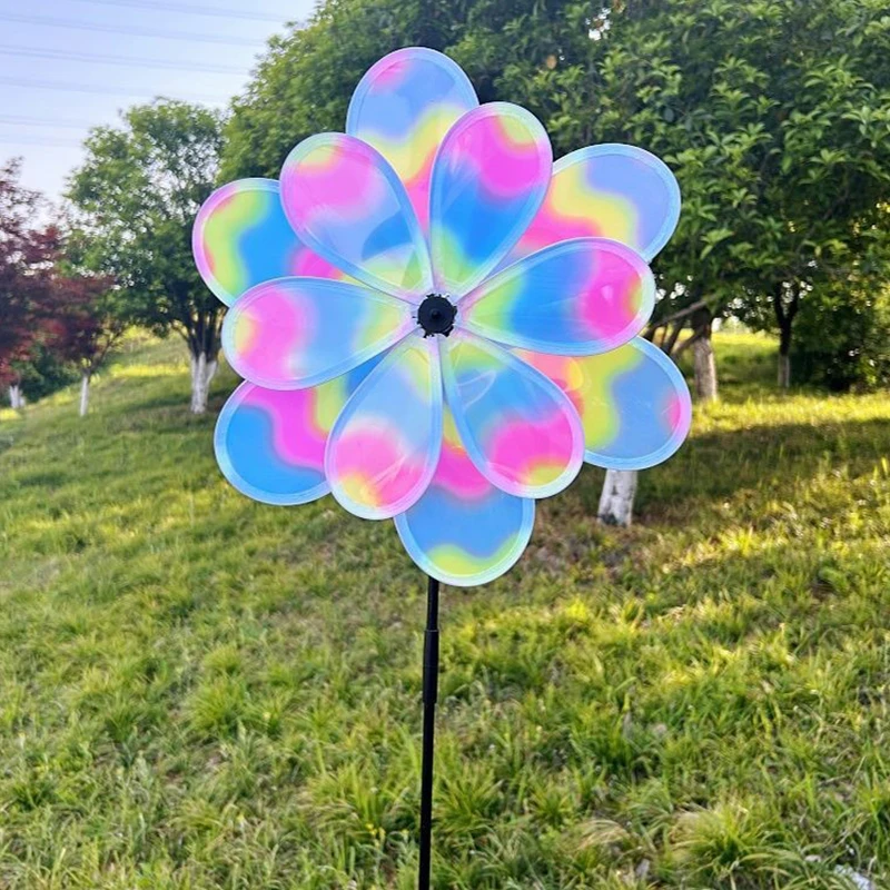 1-delig dubbellaags kleurenfilm kleur veranderende oogverblindende windmolen roterende windspinner staak staand gazon bloem pinwheel