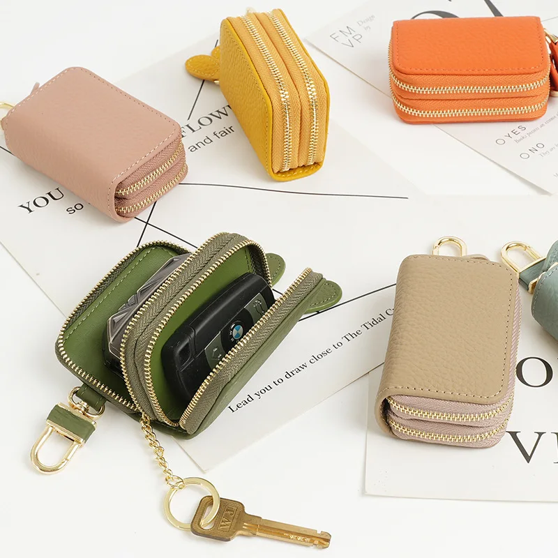 Universal Leather Car Key Holder Multifunction Key Organizer Short Mini Double Zip Key Bag Portable Coin Purse Keychain Wallet