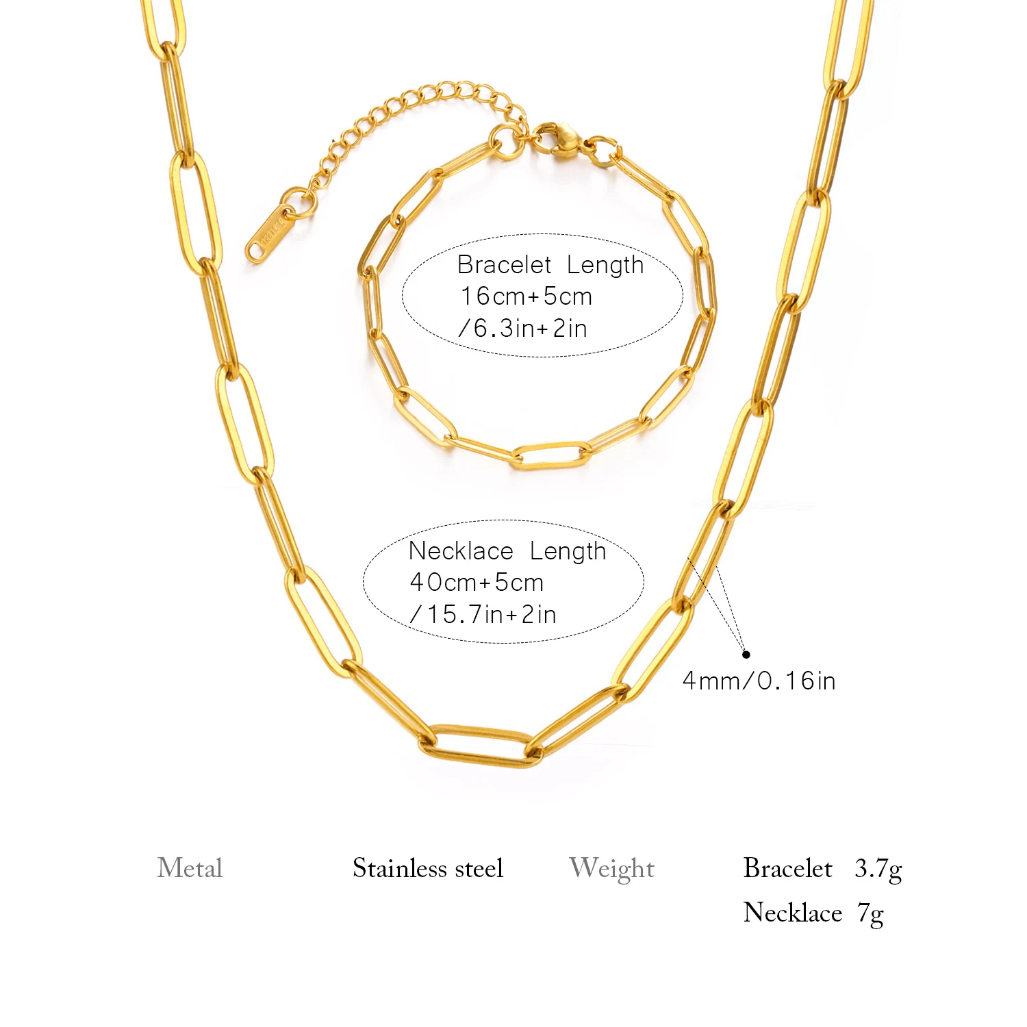 Minimalist Gold Color Chain Necklace for Women Waterproof Stainless Steel Chunky Paperclip Bracelet Hip Rock Jewelry Gift