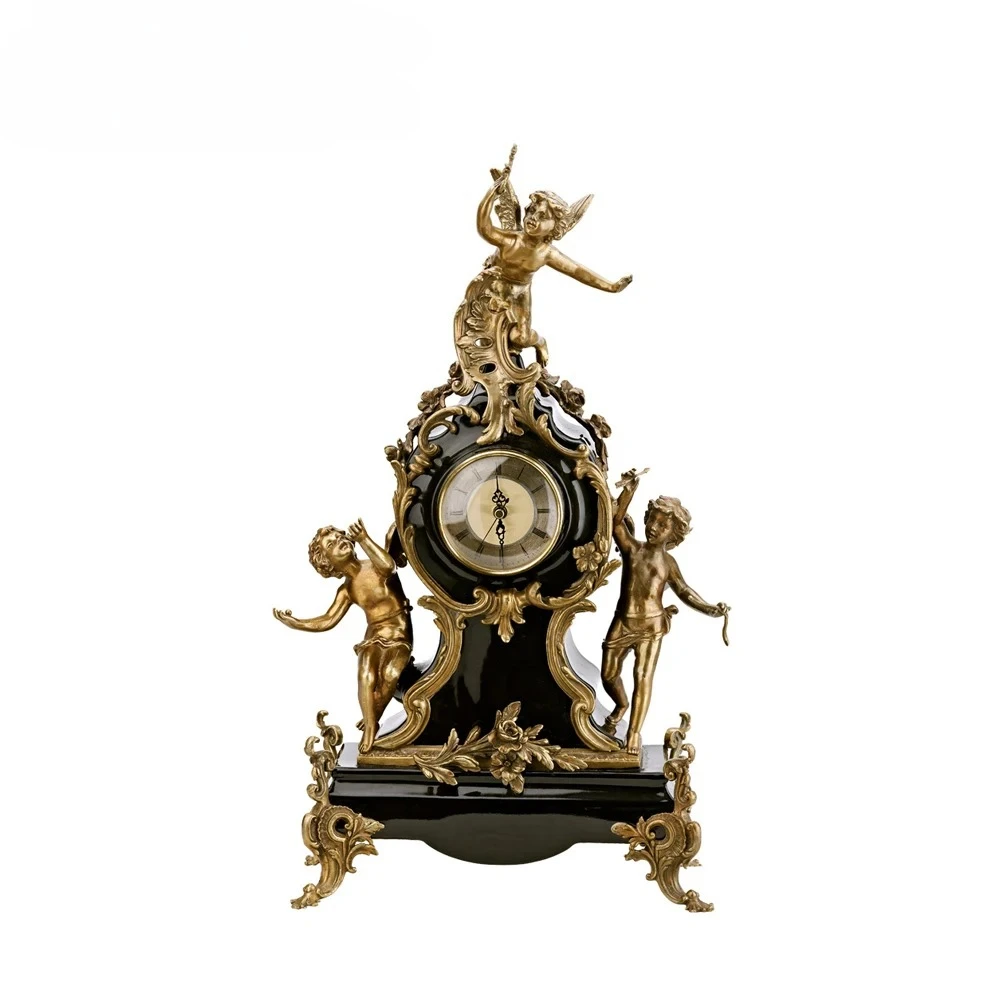 

French Style Black Porcelain Copper Angels Table Clock 3 Decorative Cherubs Desk Clock for Home Decor