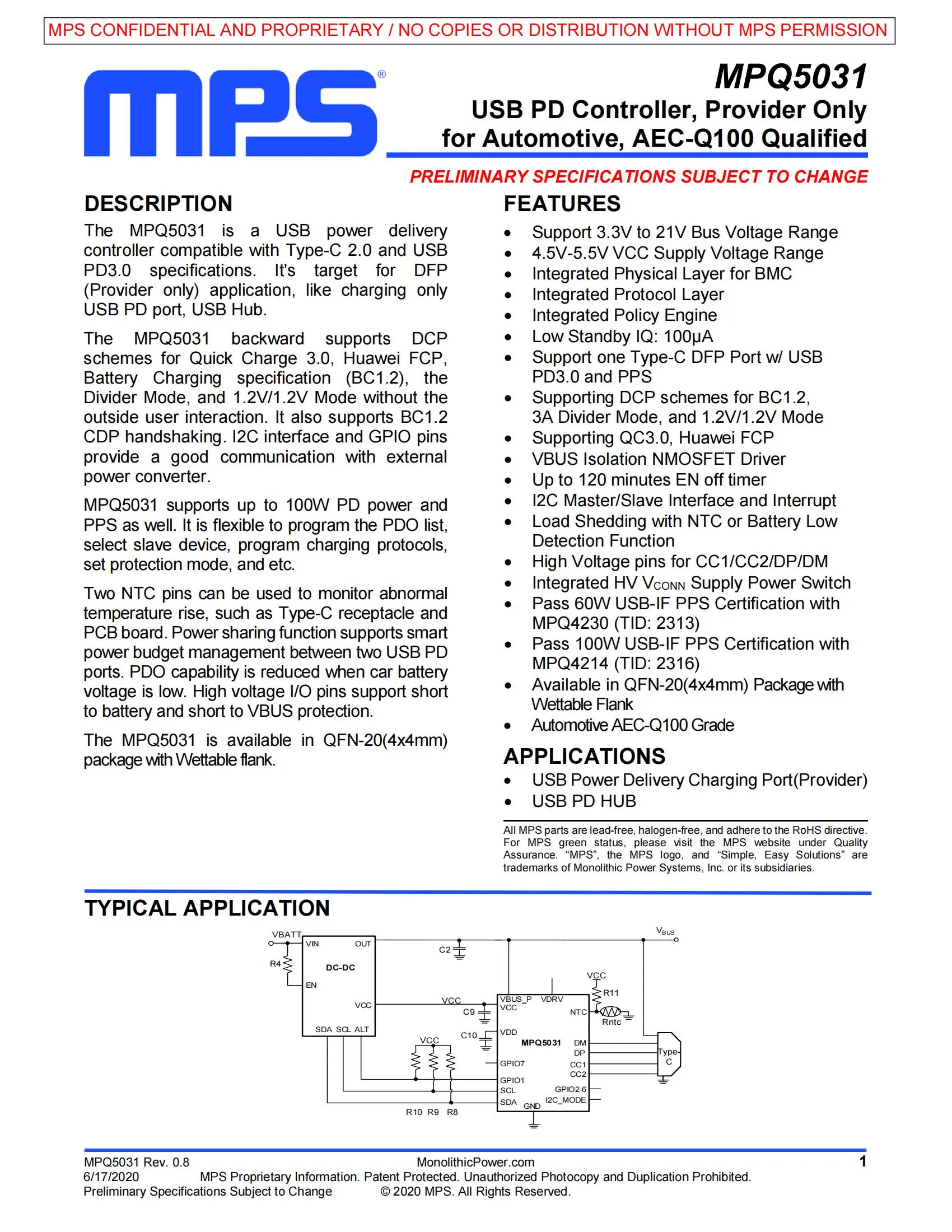 

MPQ5031GRE-0001-AEC1-Z QFN-20 5031 USB PD Controller, Provider Only for Automotive, AEC-Q100 Qualified Integrated circuit IC