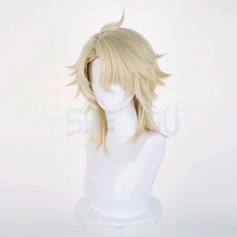 Pelucas de Cosplay Varka, pelucas doradas claras de 35cm para hombres, peluca de Cosplay de Anime, pelo sintético resistente al calor para Halloween + gorro de peluca