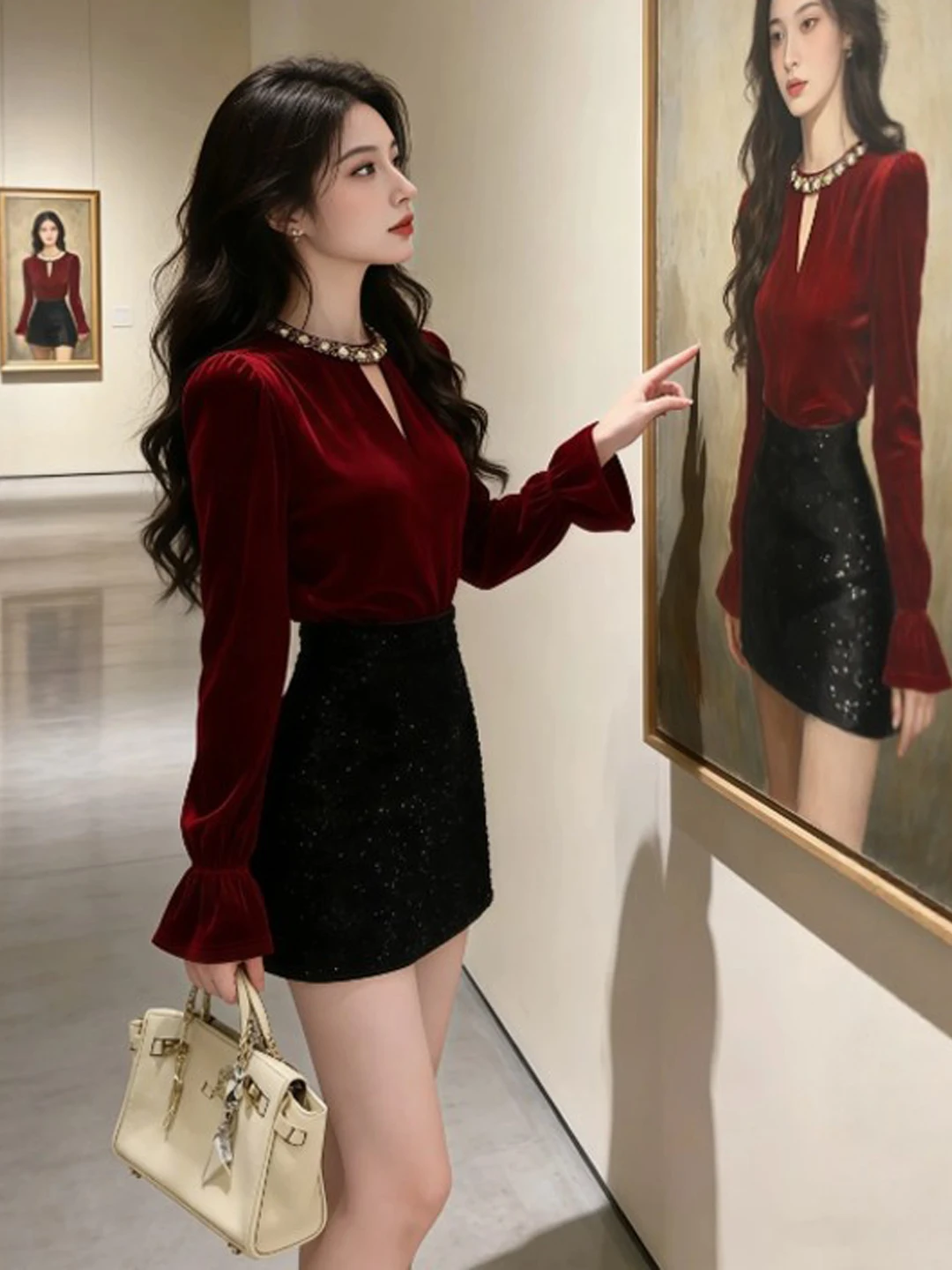 

Retro Velvet Shirt And Half Skirt Set Elegant Spring Fashion Two-Piece Women's Clothing Comfortable High Waist Short Skirt